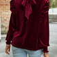 Tie Up Mock Neck Velvet Fabric Long Sleeve Blouse