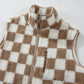 Khaki Checkered Sherpa Collared Jacket Vest