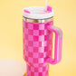 Bright Pink Checkered Print Handled Stainless Steel Tumbler Cup 40oz