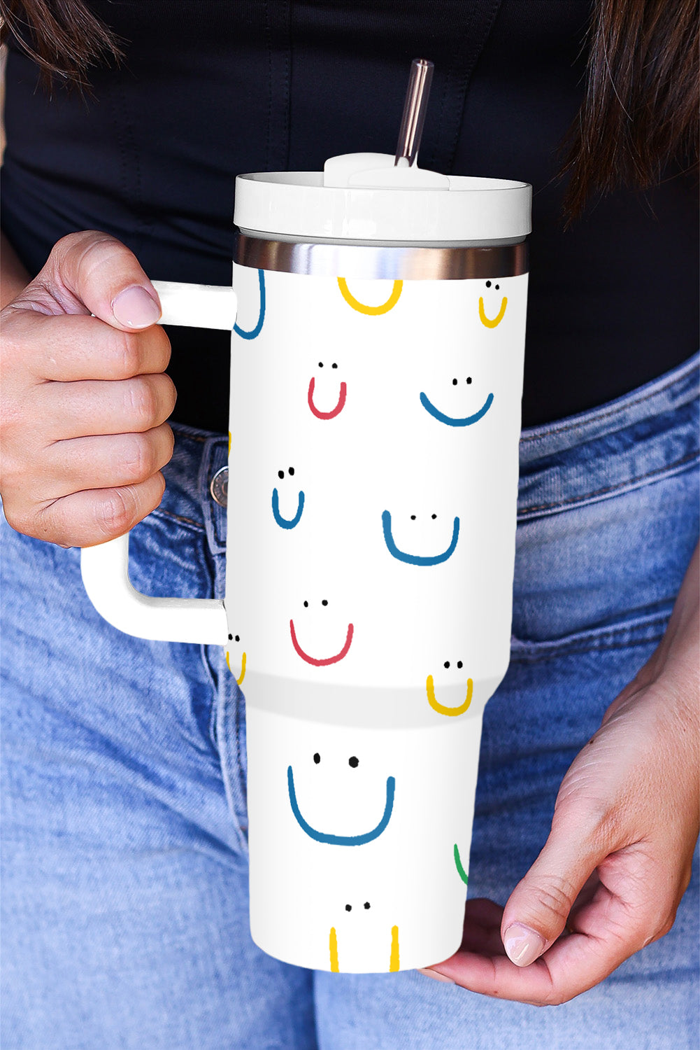 White Smiling Face Print Handle Vacuum Cup 40oz