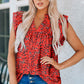 Floral Flutter Sleeve Notched Neck Blouse