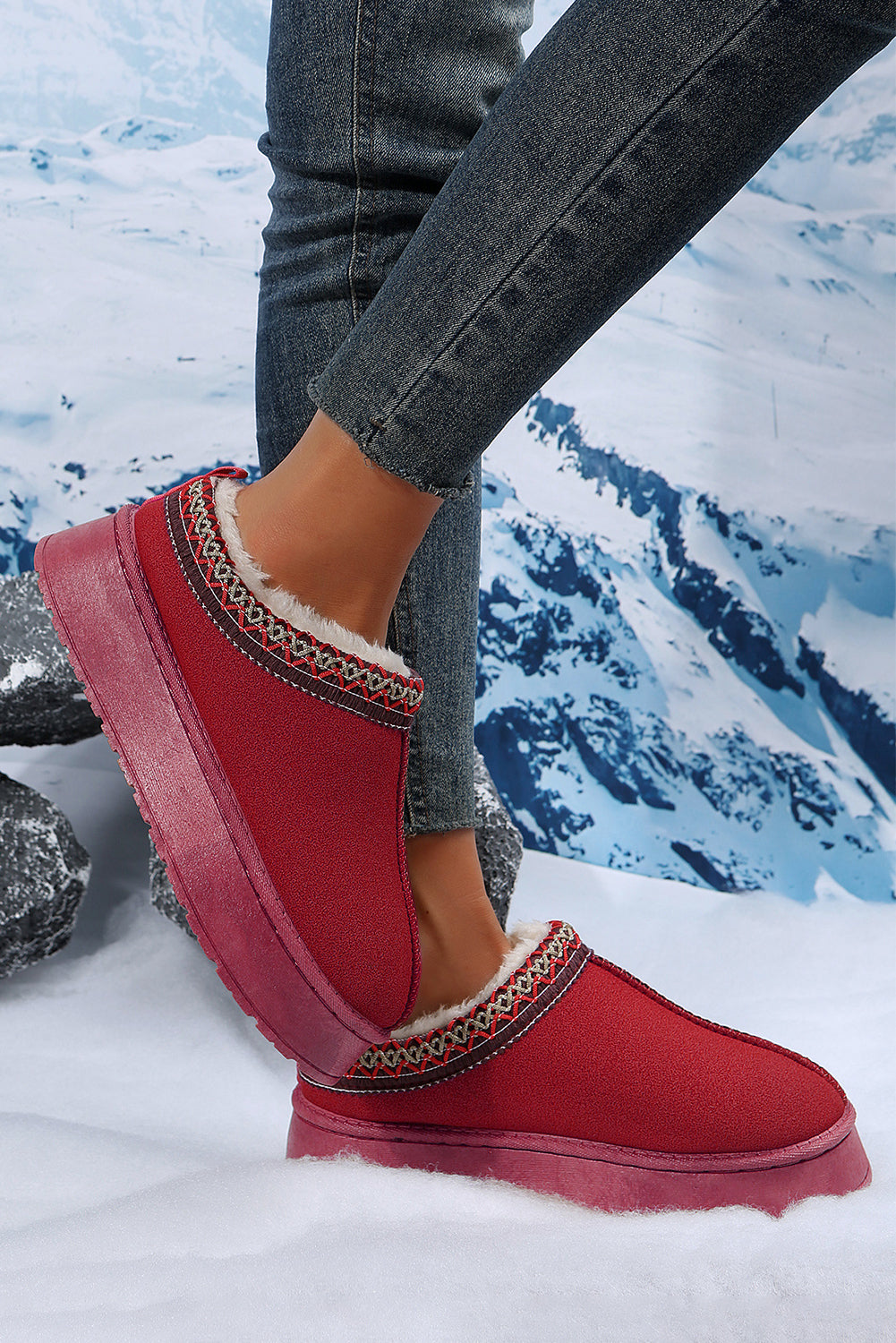 Fiery Red Suede Contrast Print Round Toe Plush Lined Flats
