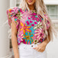 Floral Print Round Neck Flutter Sleeve Blouse