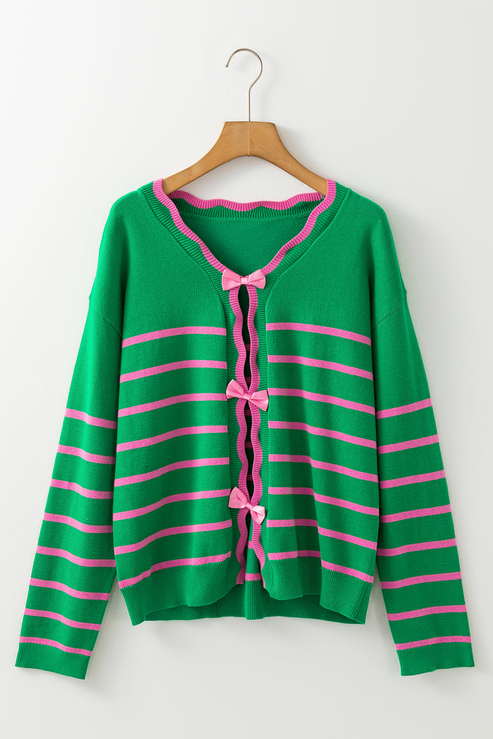 Striped V-Neck Button Bow Cardigan