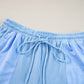 Light Blue Plus Size Ribbed Long Sleeve Top and Drawstring Shorts Set