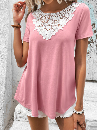 Ivy Lane Spliced Lace Contrast Short Sleeve Top