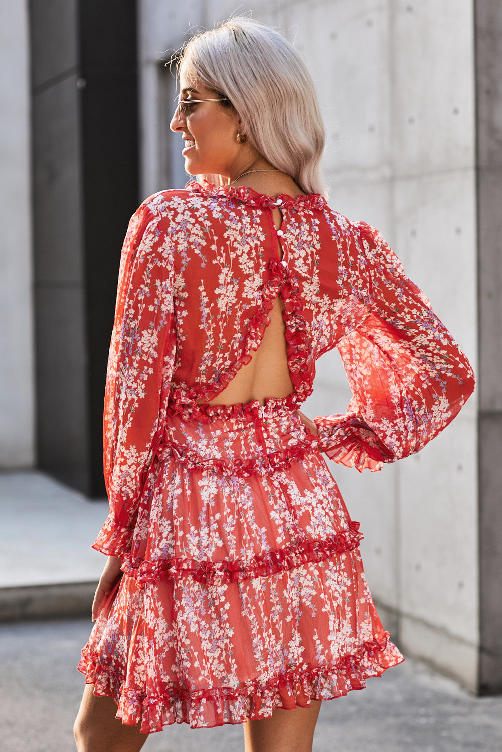 Ruffle Detailing Open Back Floral Dress