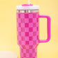 Bright Pink Checkered Print Handled Stainless Steel Tumbler Cup 40oz