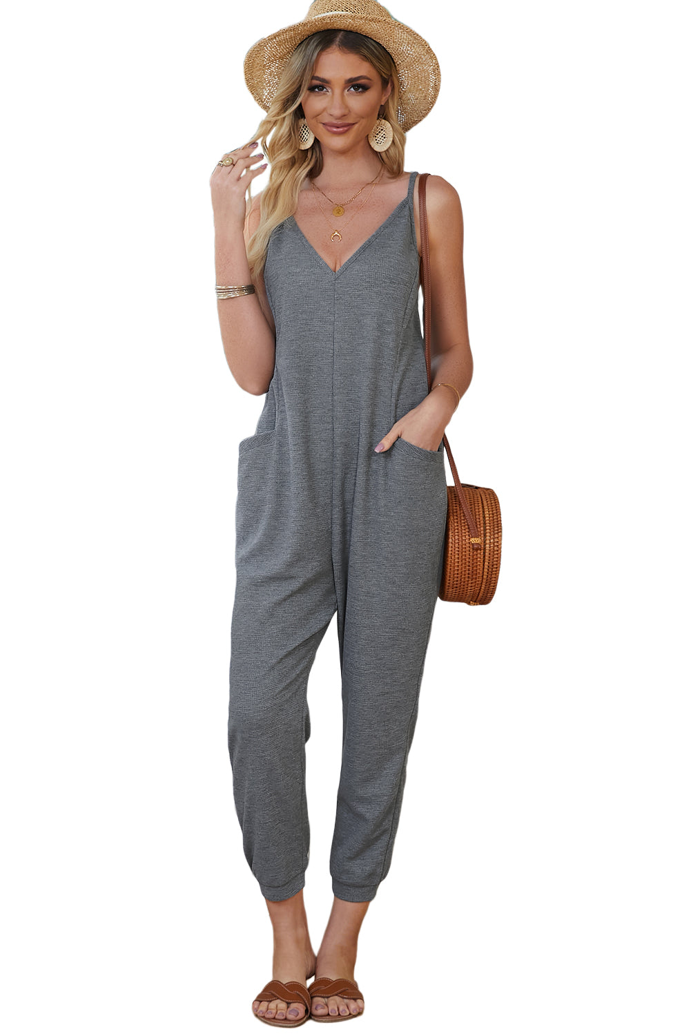 Textured Sleeveless V-Neck Pocketed Casual Jumpsuit