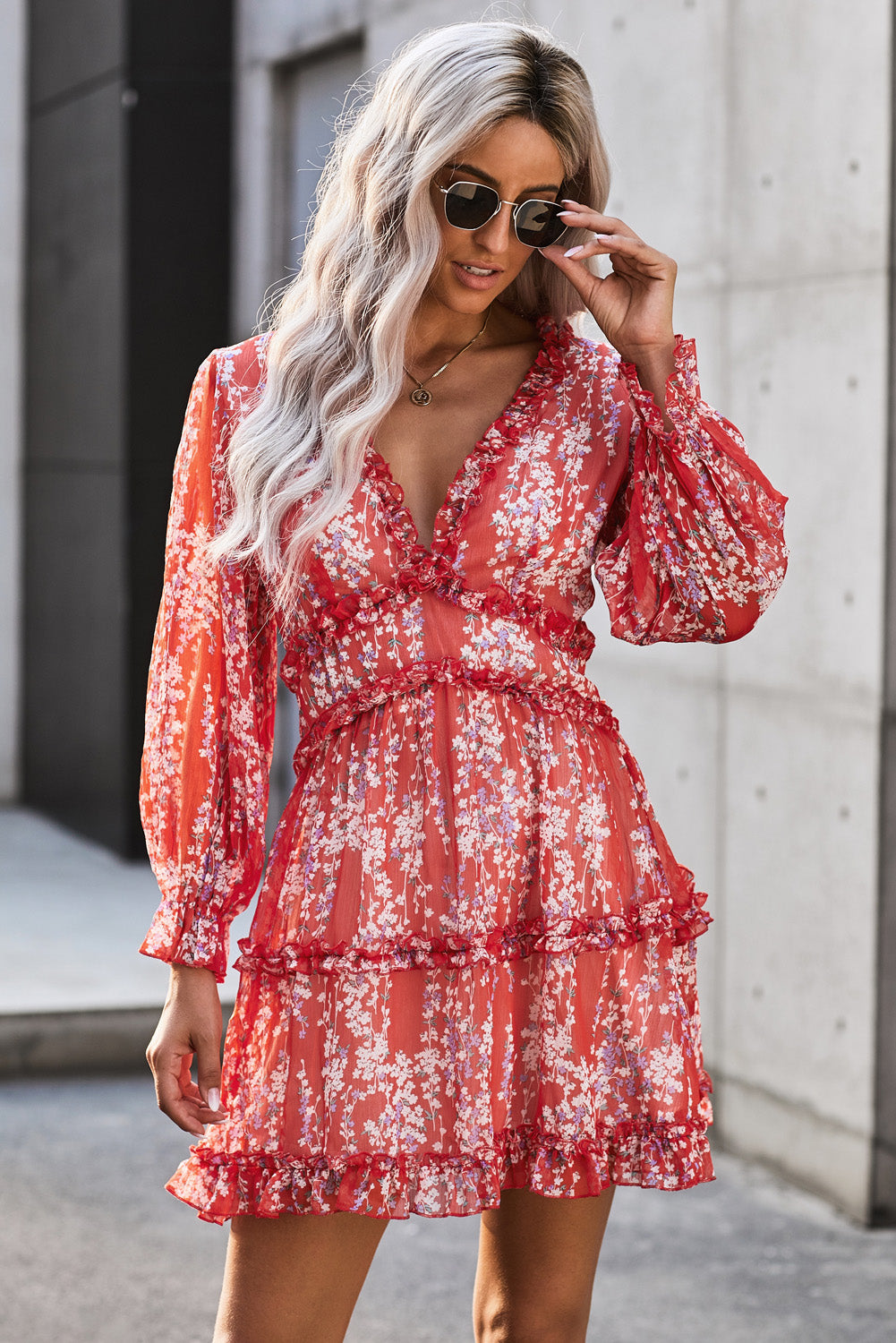 Ruffle Detailing Open Back Floral Dress