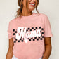 Pink Mama Checkered Print O Neck Casual T Shirt