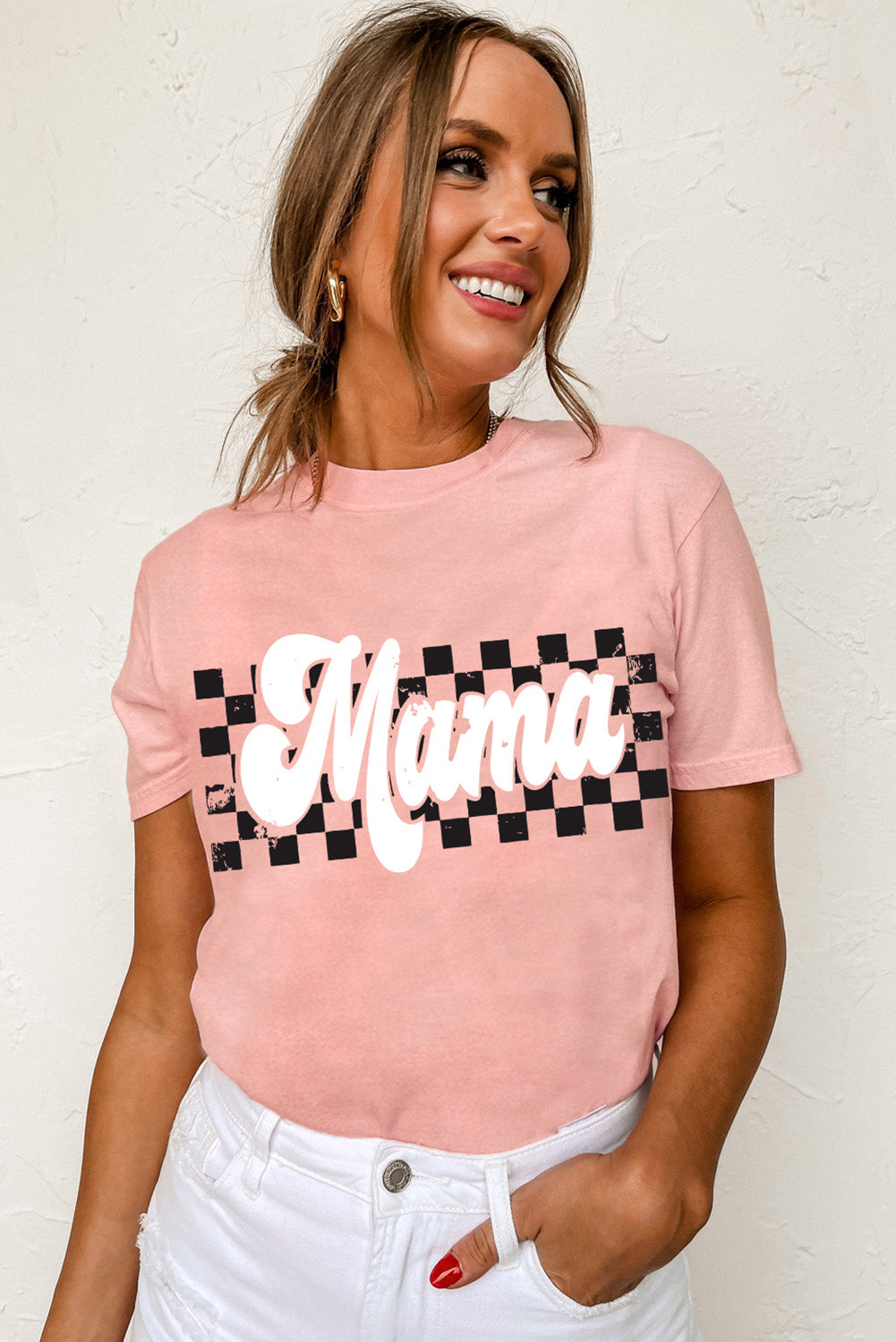 Pink Mama Checkered Print O Neck Casual T Shirt