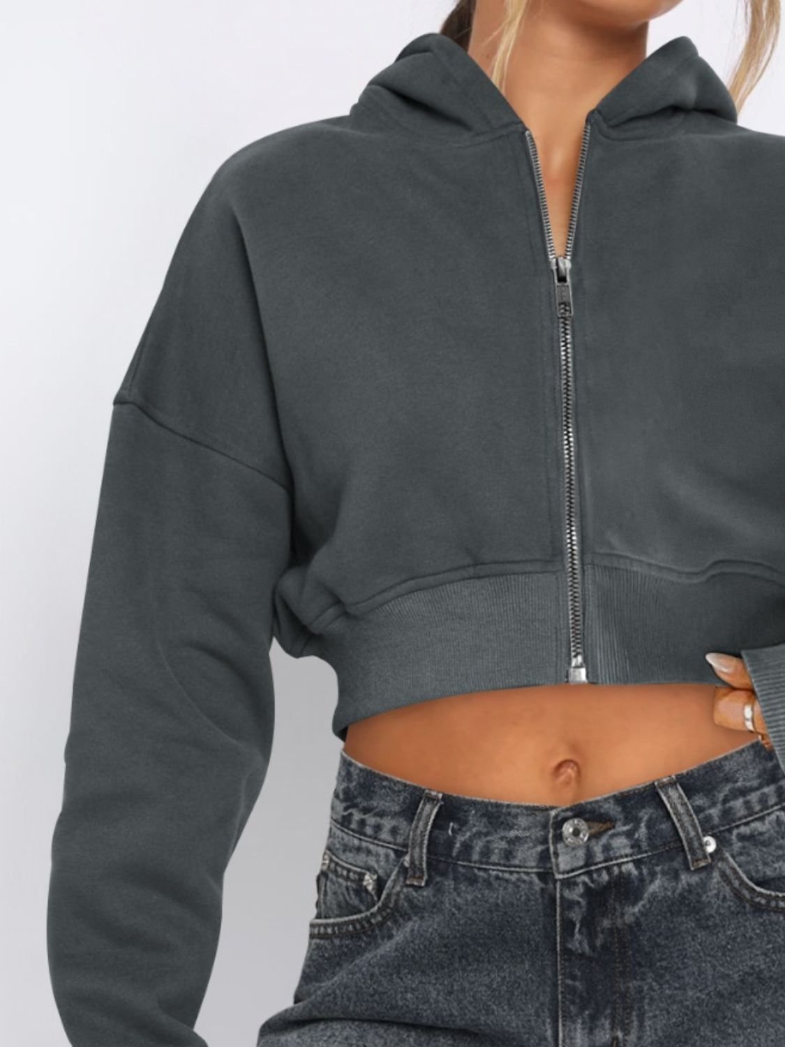 Zip Up Long Sleeve Hooded Cropped Jacket