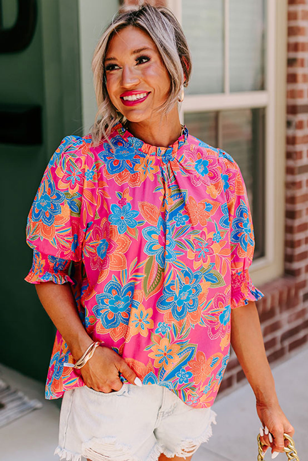 Short Puff Sleeve Floral Blouse