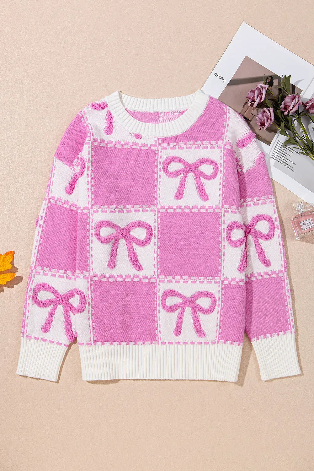 Checkered Pink and White Large Bows Sweater