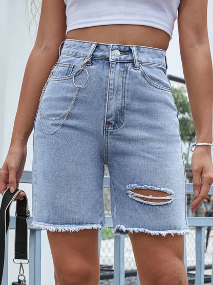 Distressed Raw Hem Denim Shorts