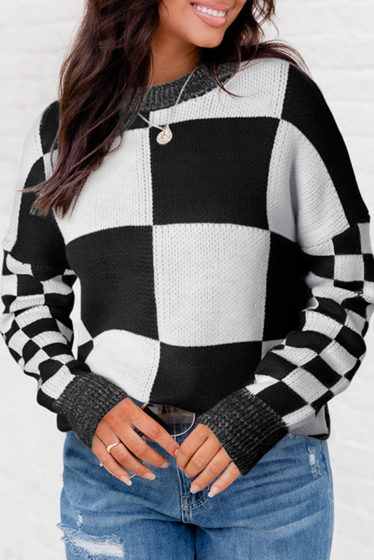 Black Checkered Print Drop Shoulder Sweater