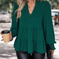 Perfee Notched Neck Lantern Sleeve Blouse