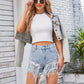 Distressed Pearl Trim Denim Shorts with Pockets