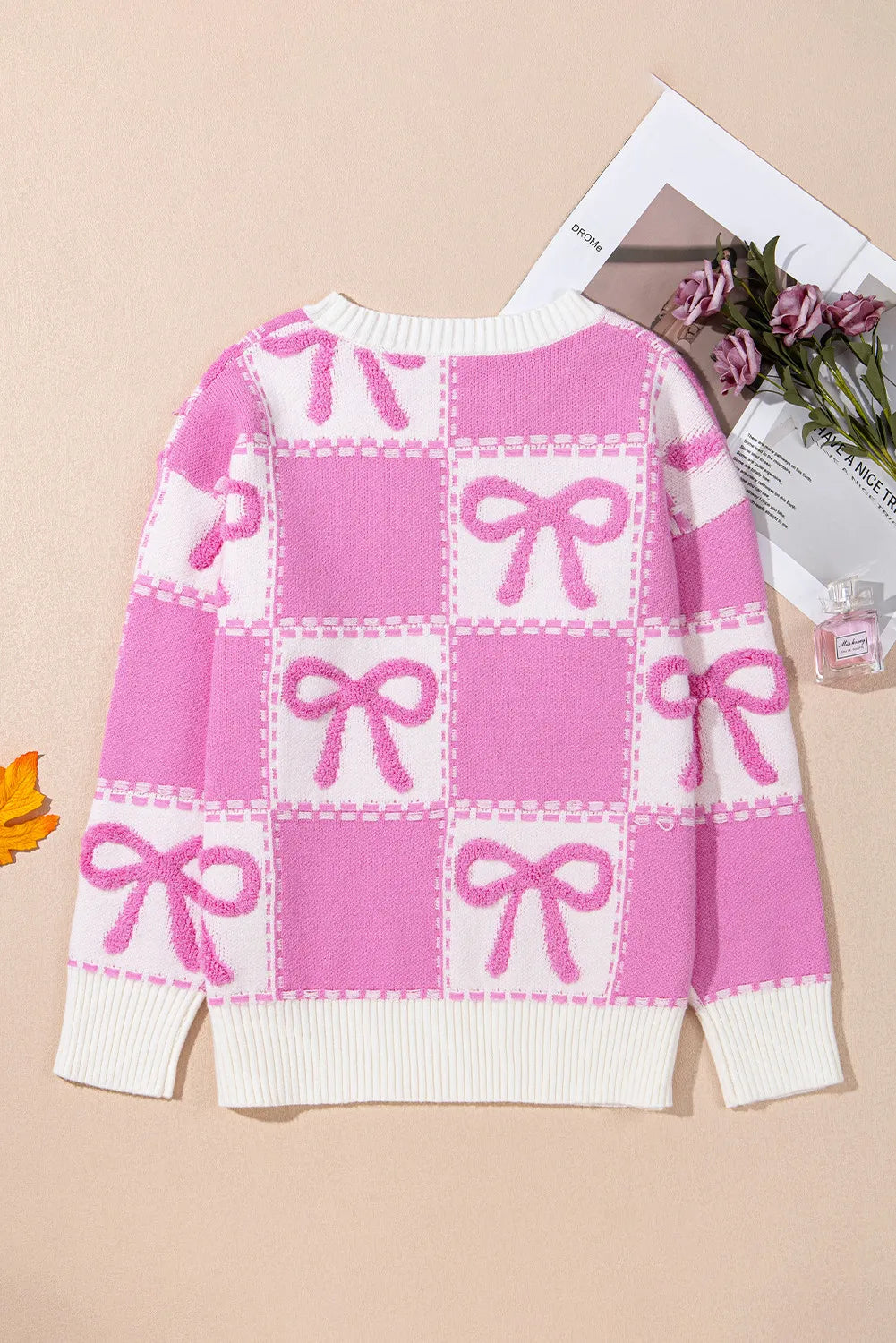 Checkered Pink and White Large Bows Sweater