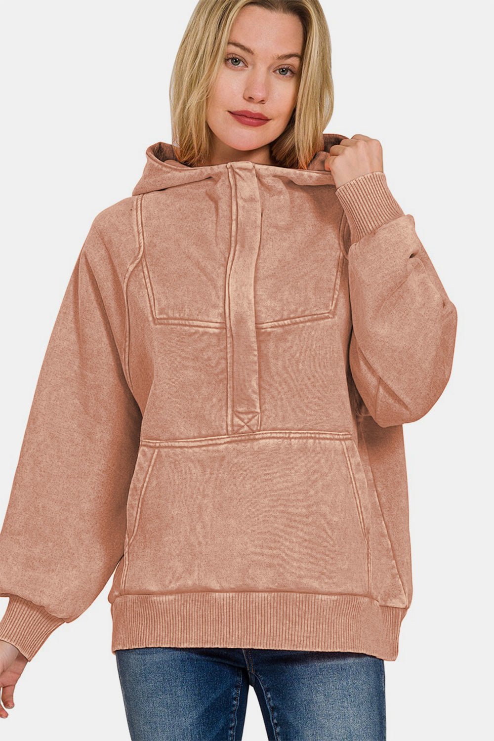 Zenana Acid Wash Fleece Kangaroo Hoodie