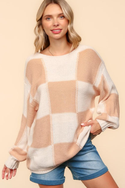 Apricot + Ivory Checkered Oversized Sweater—Small-3XL