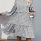 Perfee Frill Printed Mock Neck Long Sleeve Mini Dress