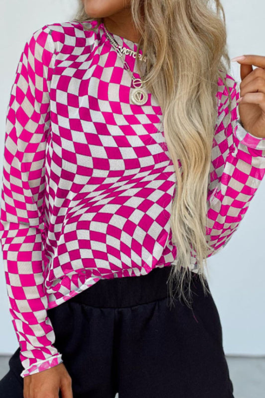 Checkered Print Mesh Long Sleeve