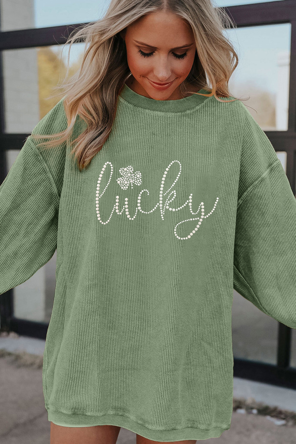 Grass Green Rhinestone lucky Clover Graphic Ribbed St Patrick Sweatshirt