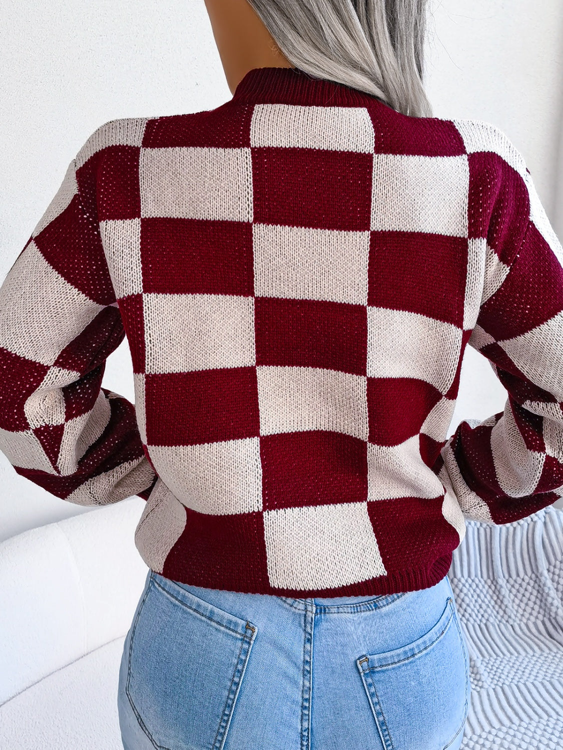 Checkered Mock Neck Long Sleeve Sweater