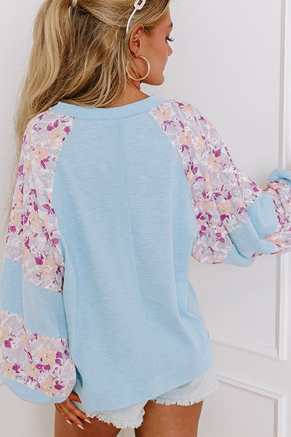 Printed Round Neck Balloon Sleeve Sweatshirt