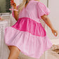 Pink Ricrac Block Accent Puff Short Sleeve Flowy Plus Dress