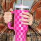 Bright Pink Checkered Print Handled Stainless Steel Tumbler Cup 40oz