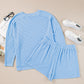 Light Blue Plus Size Ribbed Long Sleeve Top and Drawstring Shorts Set