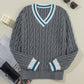 Cable-Knit V-Neck Long Sleeve Sweater