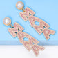 Apricot Pink MAMA Rhinestone Pearl Dangle Stud Earrings