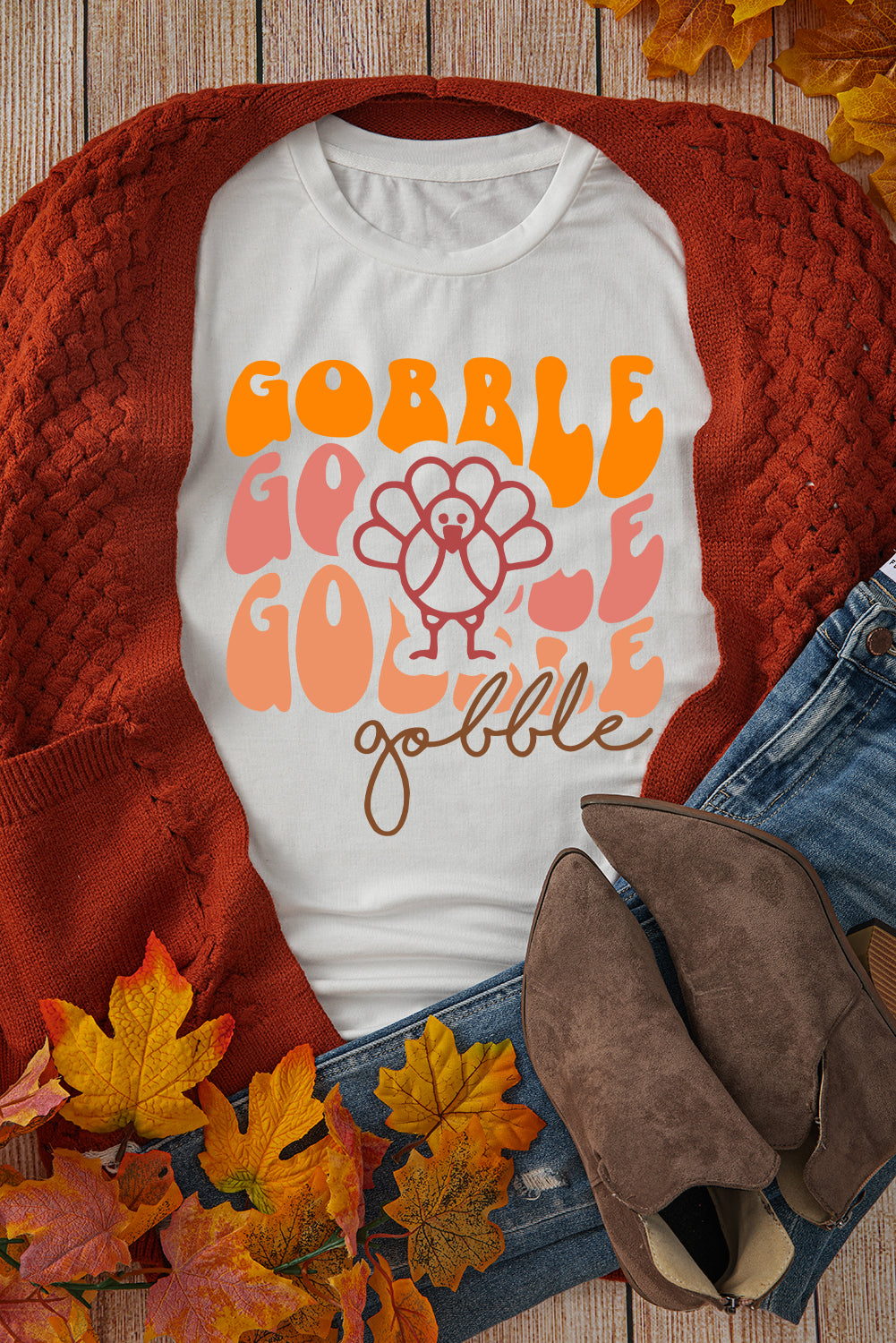 White Gobble Thanksgiving Turkey Graphic Cotton Blend T Shirt