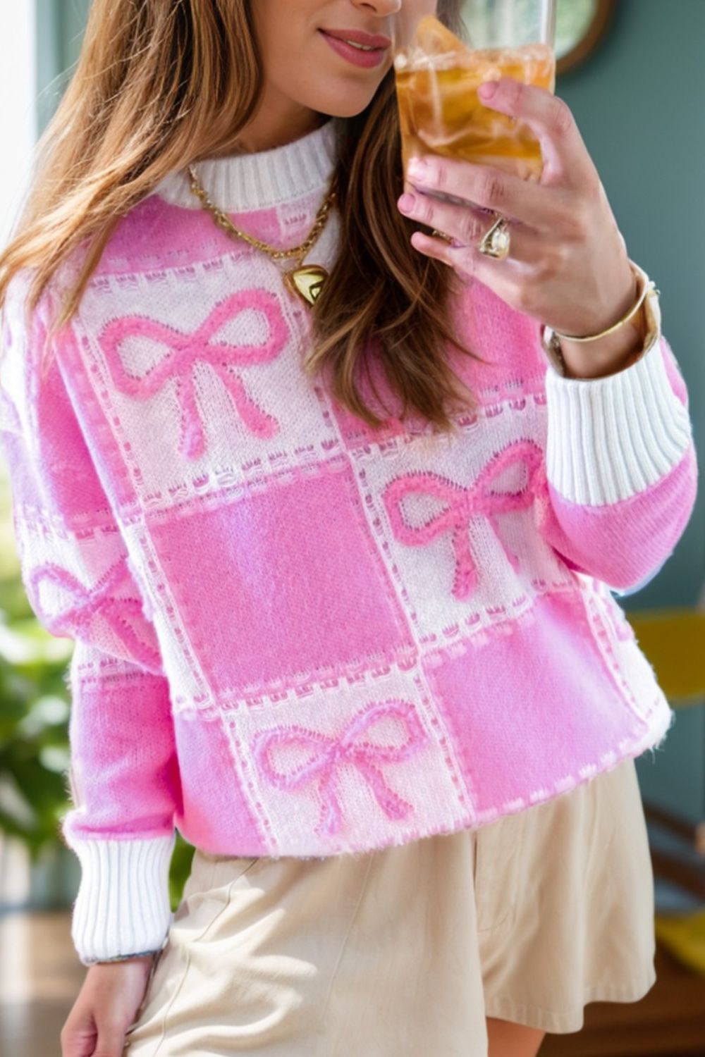 Checkered Pink and White Large Bows Sweater