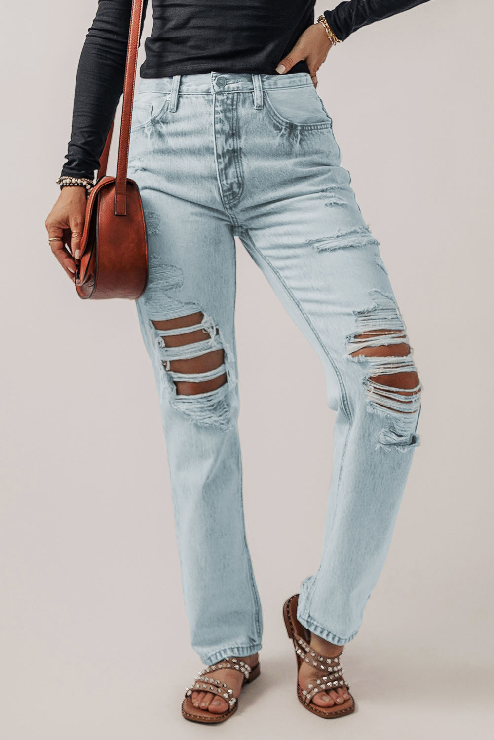 Acid Wash Distressed Straight Leg Jeans