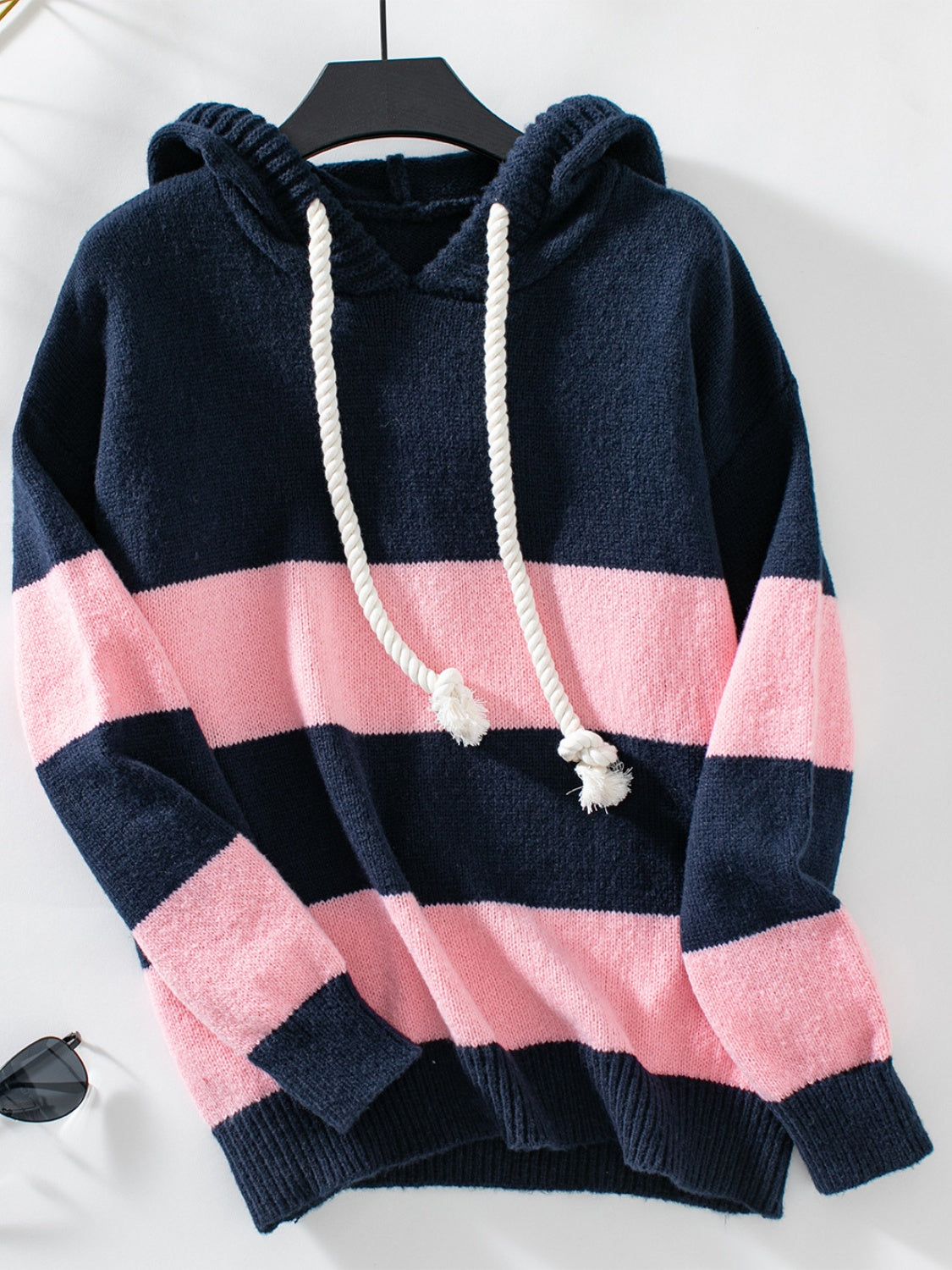 Drawstring Striped Hooded Sweater