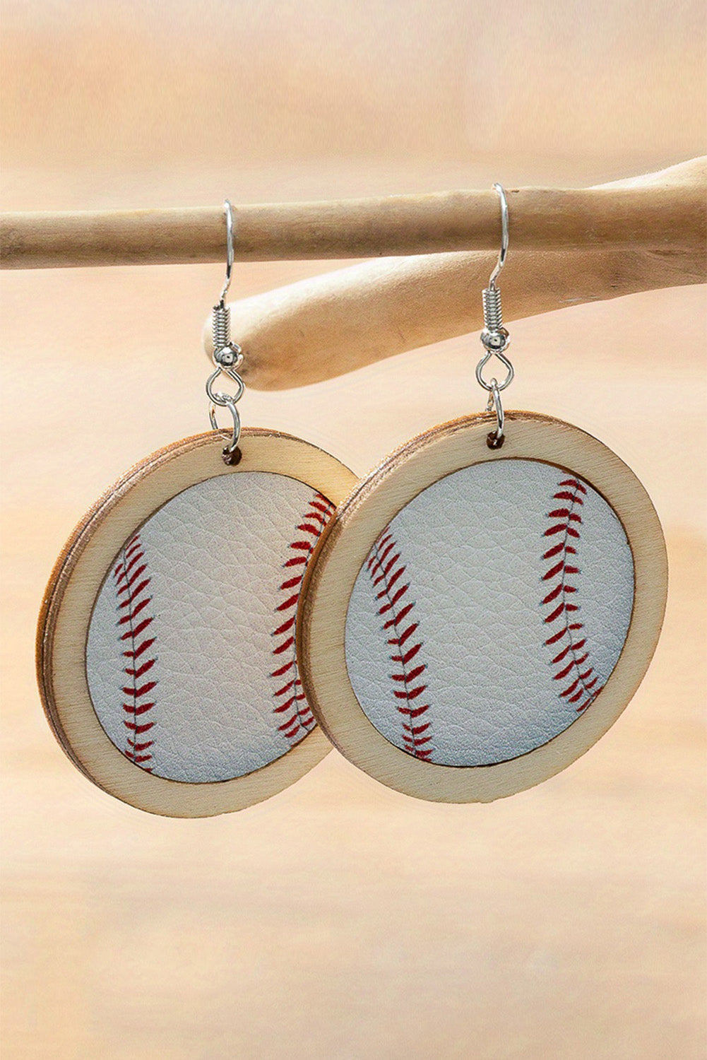 White Wooden Leather Inset Baseball Earrings