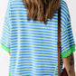 Sky Blue Stripe Sequin Cactus Pattern Half Sleeve Contrast Edge T Shirt