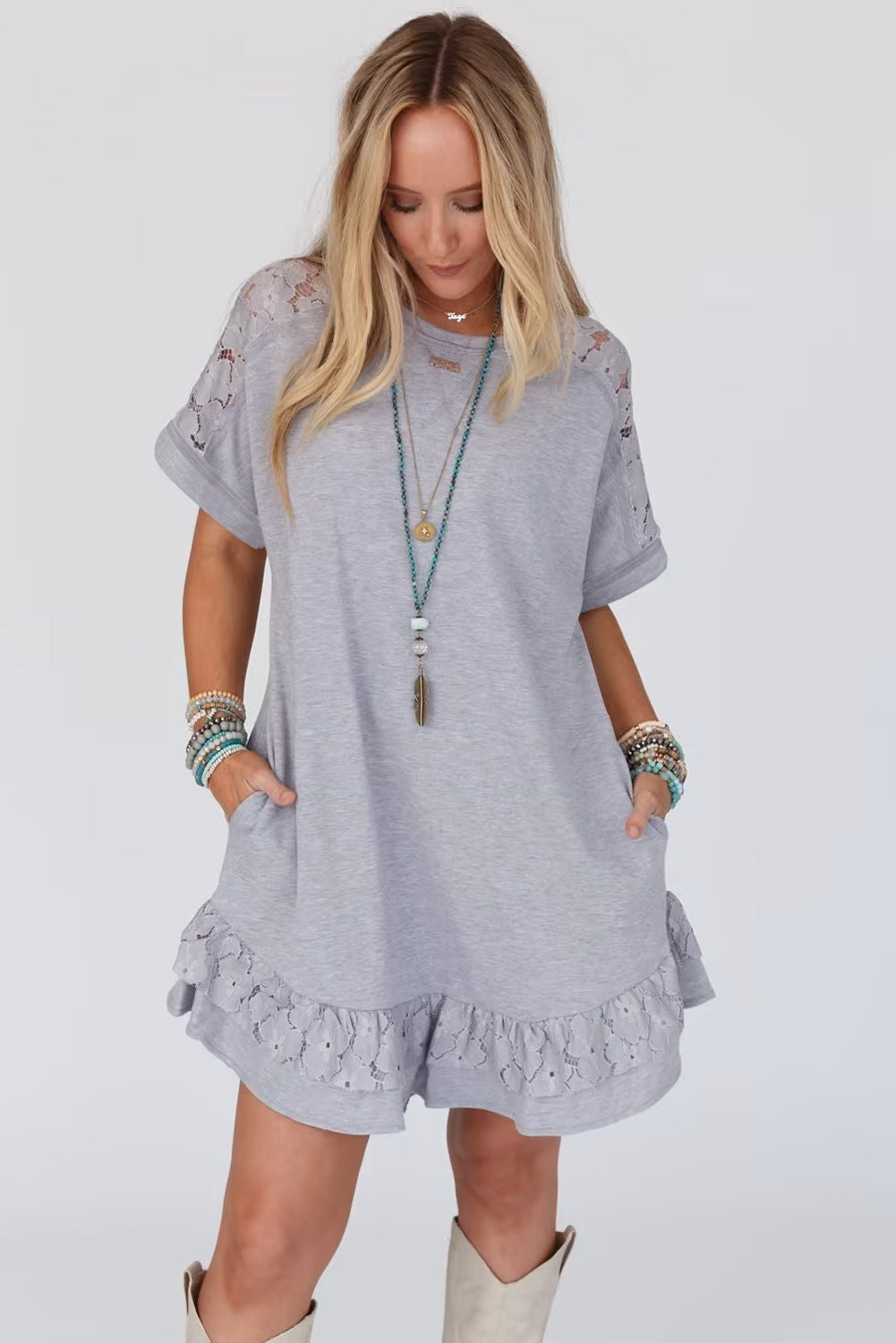 Light Grey Patchwork Ruffled T-Shirt Dress