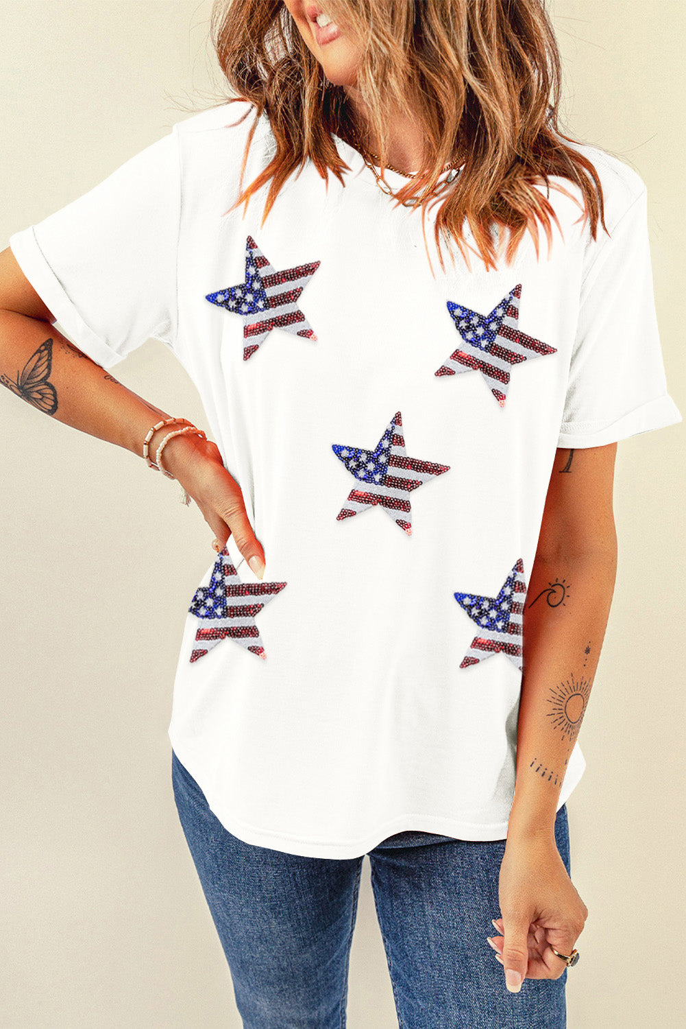 Sequin Star Round Neck Short Sleeve T-Shirt