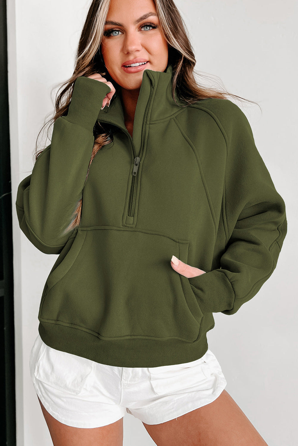 Sea Green Fleece Lined Zip Up Stand Collar Thumbhole Sleeve Sweatshirt