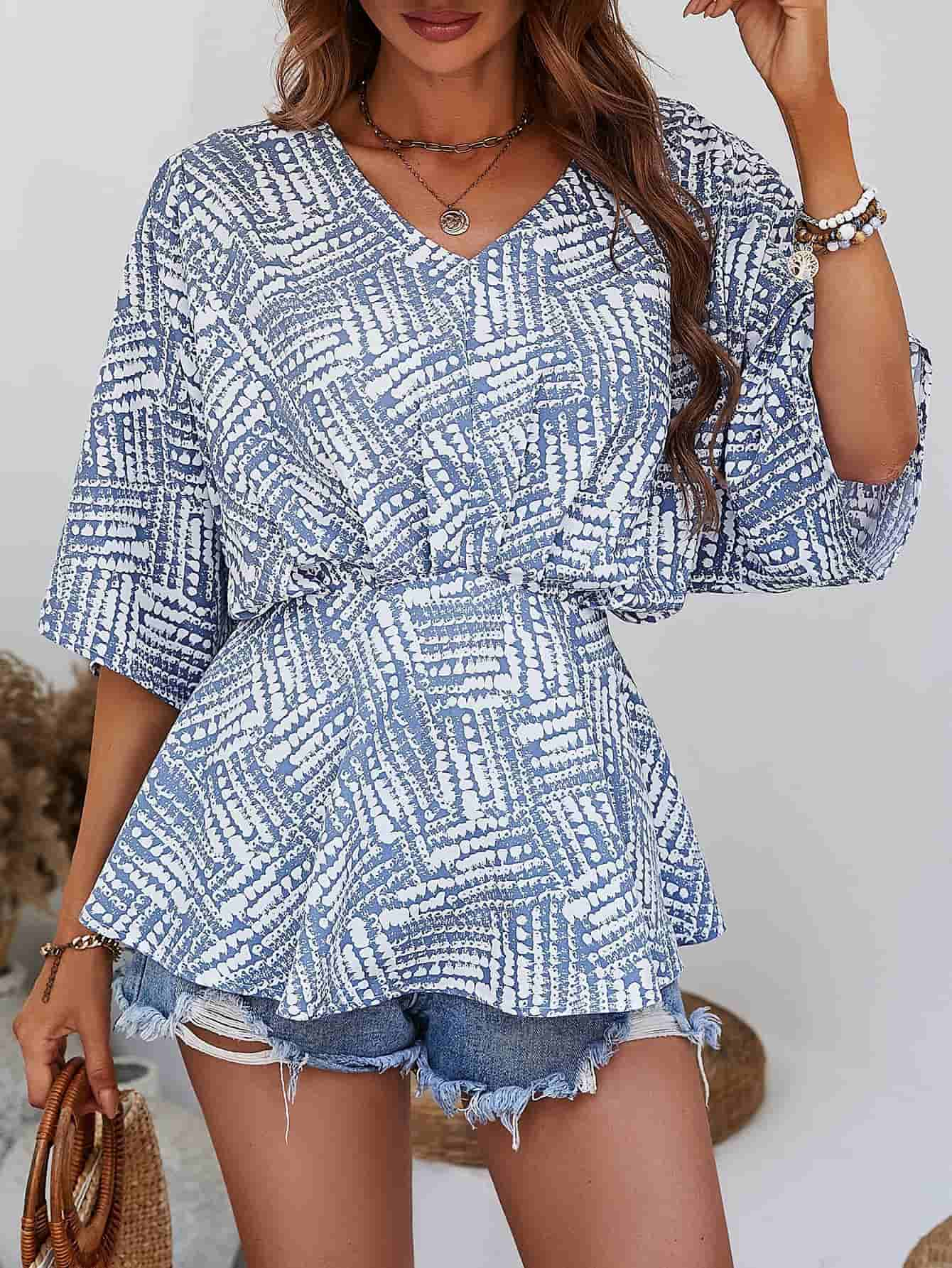 Printed V-Neck Dolman Sleeve Blouse