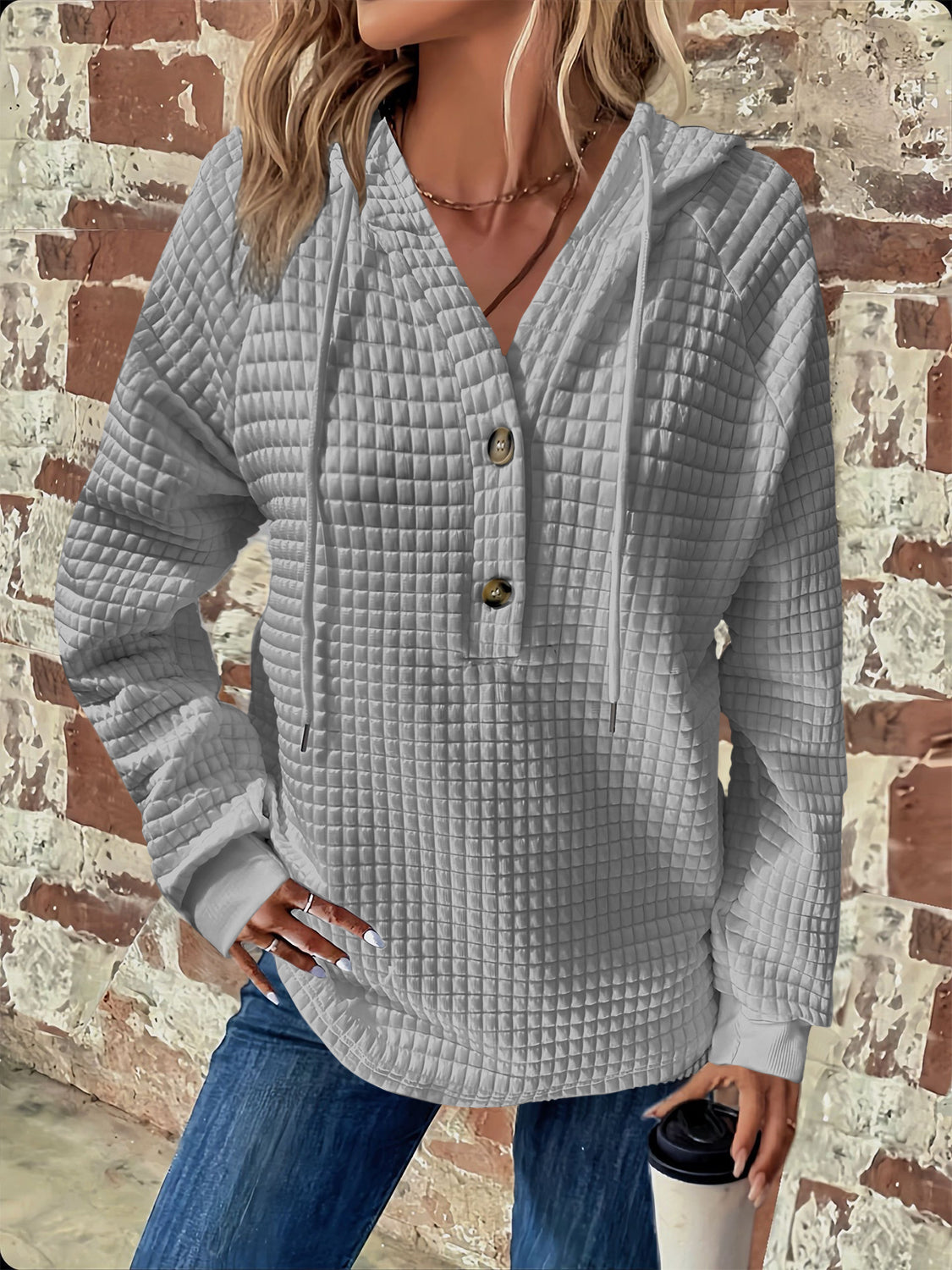 Waffle Texture Half-Buttoned Drawstring Hoodie—Small-3XL