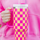 Bright Pink Checkered Print Handled Stainless Steel Tumbler Cup 40oz