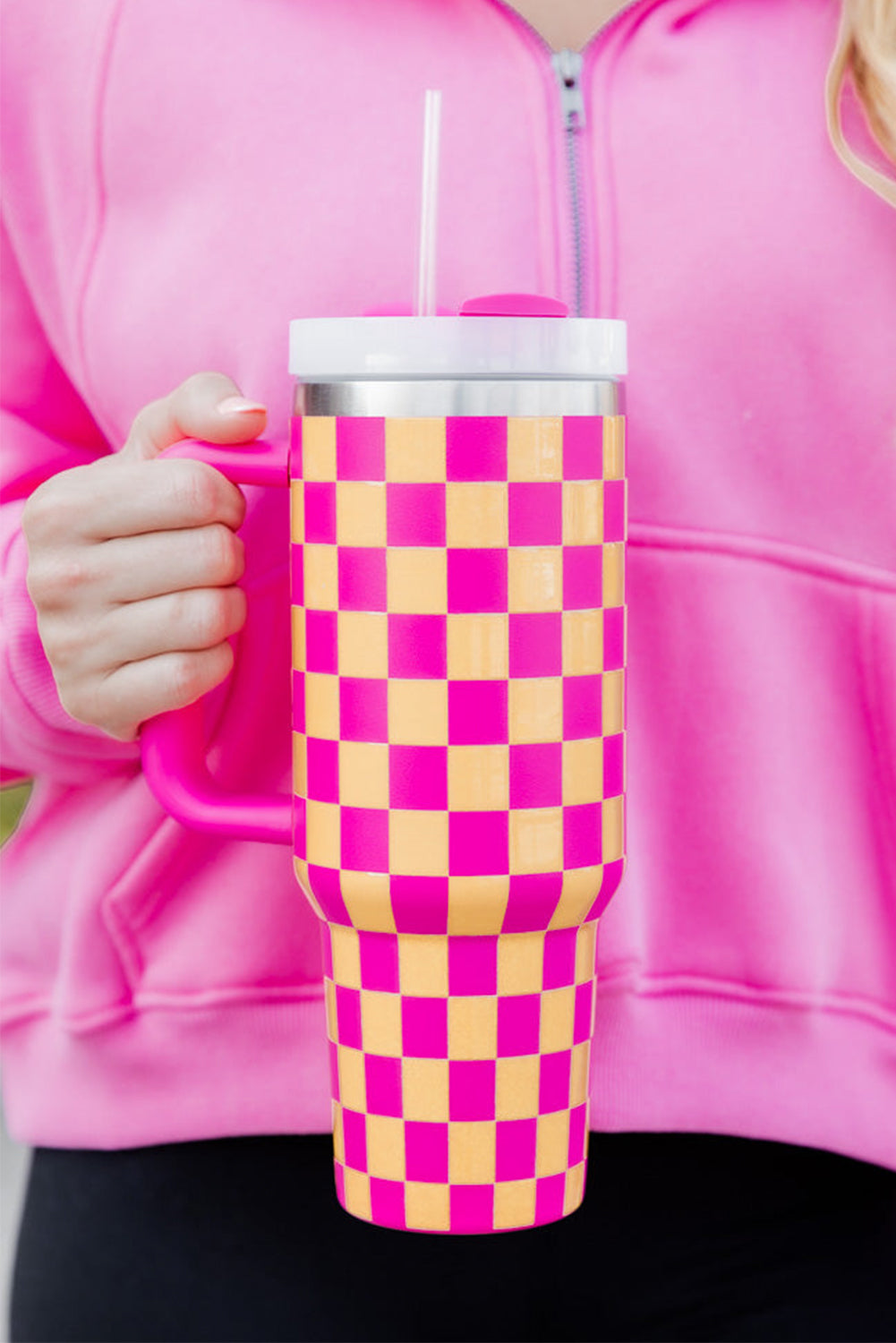 Bright Pink Checkered Print Handled Stainless Steel Tumbler Cup 40oz