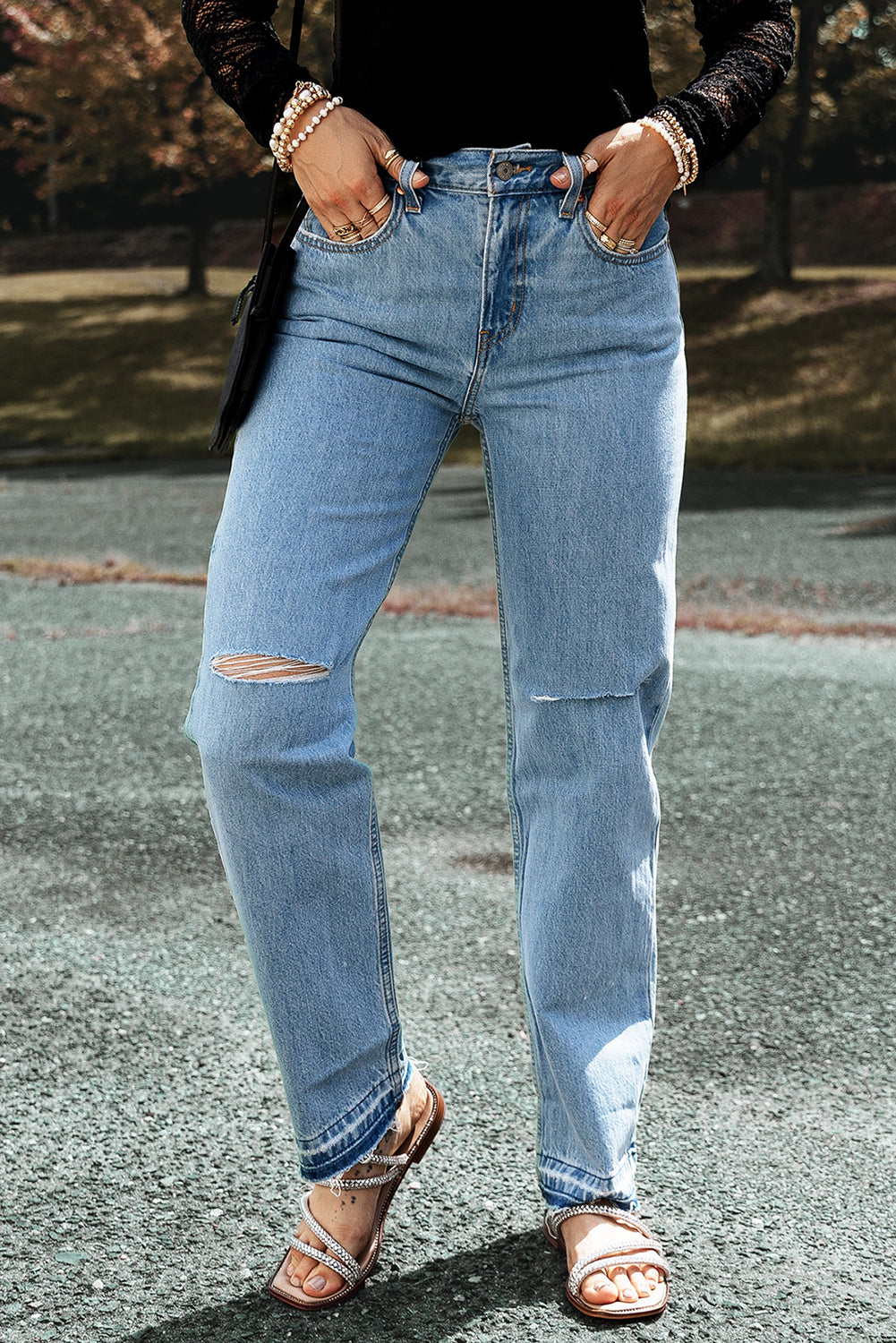 Light Blue Distressed Raw Edge Straight Jeans